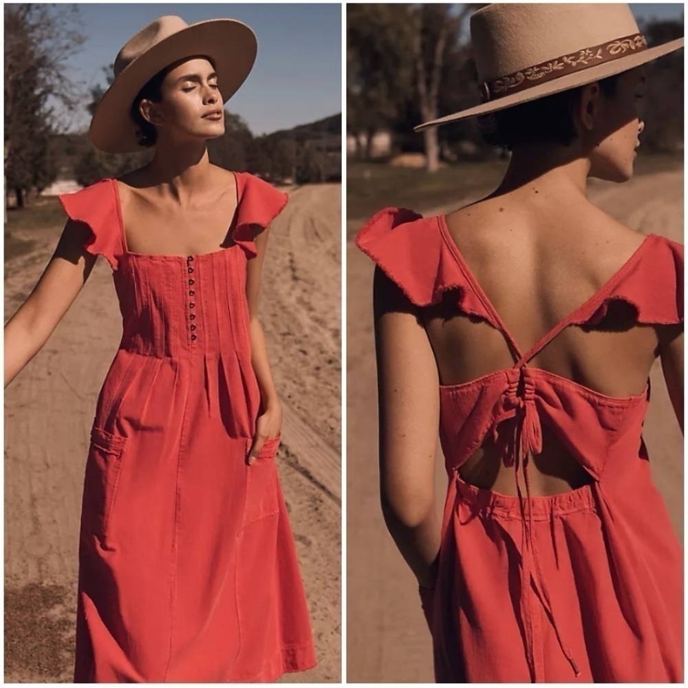 NWT Anthropologie Pilcro Linen Flutter Sleeve Midi Apron Dress Red XXS - Small